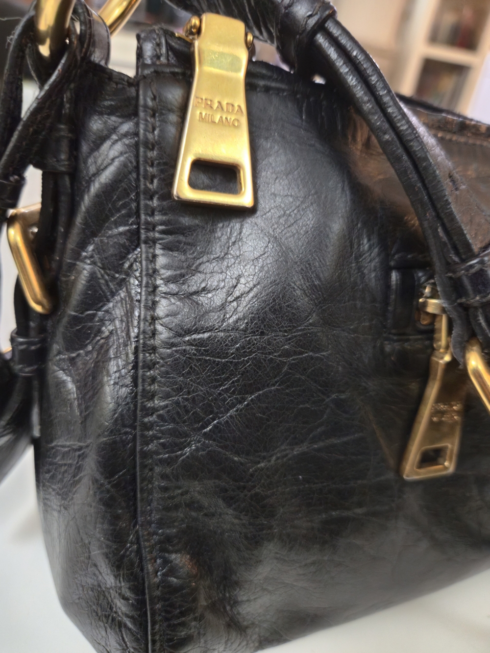 PRADA Dark Blue/Black Leather Shoulder Bag with Gold Hardware - Picture 10 of 17